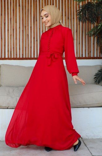 Düğme Detaylı Şifon Abiye Elbise 5695-17 Kırmızı