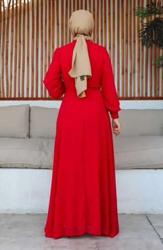 Düğme Detaylı Şifon Abiye Elbise 5695-17 Kırmızı