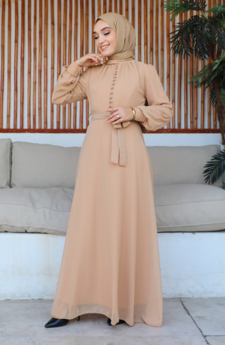 Button Detailed Chiffon Evening Dress 5695-18 Caramel 5695-18