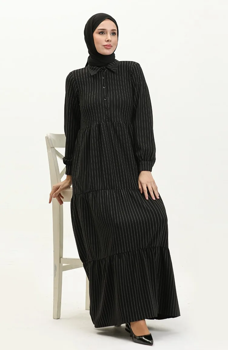 Gestreiftes Geknöpftes Kleid 24K9084-01 Schwarz 24K9084-01