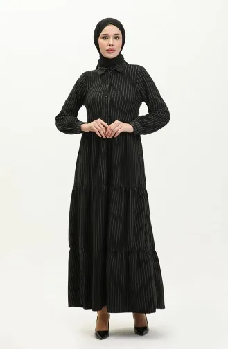 Gestreiftes Geknöpftes Kleid 24K9084-01 Schwarz 24K9084-01