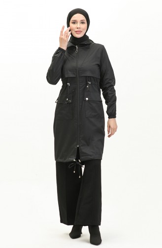 Shirred waist Trench Coat 61331-01 Black 61331-01