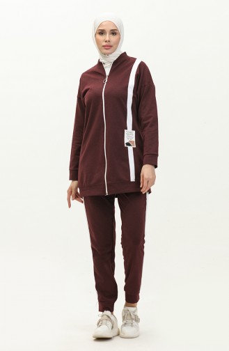 Striped Zippered Tracksuit Set 3035-05 Plum 3035-05