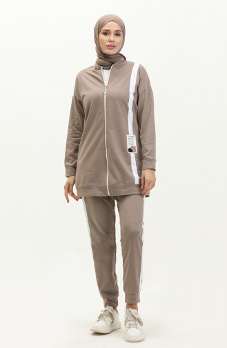 Striped Zippered Tracksuit Set 3035-06 Milky Coffee 3035-06