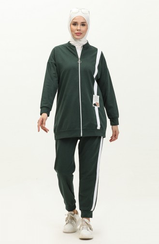 Striped Zippered Tracksuit Set 3035-07 Naphtha Green 3035-07