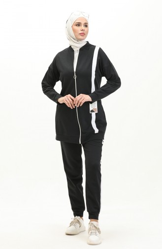 Striped Zippered Tracksuit Set 3035-08 Black 3035-08