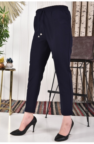 Double Fabric Elastic Waist Narrow Leg Fabric Trousers 2006-02 Navy Blue 2006-02