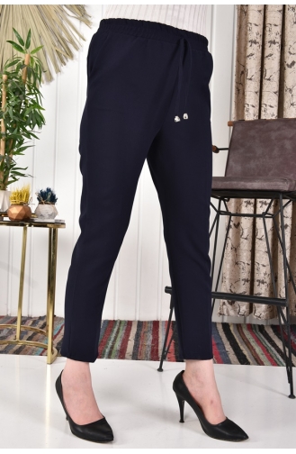 Double Fabric Elastic Waist Narrow Leg Fabric Trousers 2006-02 Navy Blue 2006-02