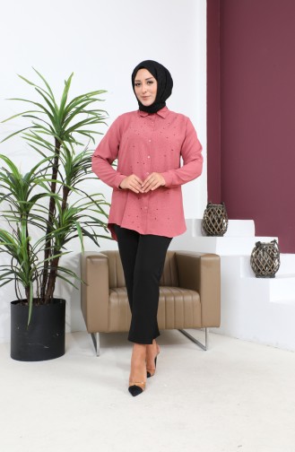 Damen-Hijab-Kleidung Große Größe Tunika-Hemd Stone Bakili 8707 Getrocknete Rose 8707.Gül Kurusu