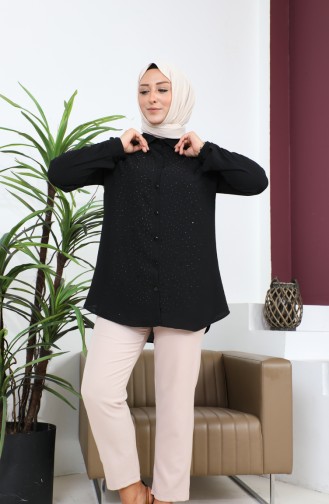 Damen-Hijab-Kleidung Große Größe Tunika-Hemd Stone Bakili 8707 Schwarz 8707.siyah