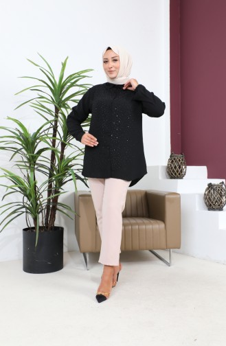 Damen-Hijab-Kleidung Große Größe Tunika-Hemd Stone Bakili 8707 Schwarz 8707.siyah