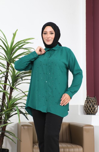 Women`s Hijab Clothing Large Size Tunic Shirt Stone Bakili 8707 Green 8707.Yeşil