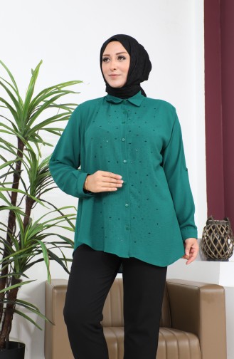 Women`s Hijab Clothing Large Size Tunic Shirt Stone Bakili 8707 Green 8707.Yeşil