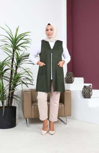 Women`s Large Size Hijab Vest Buttoned And Pocketed Flexible Vest 8773 Khaki 8773.Haki
