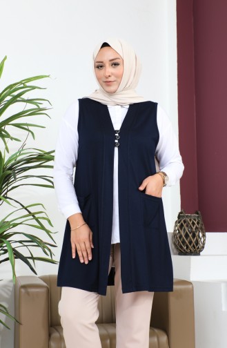 Women`s Large Size Hijab Vest Buttoned And Pocketed Flexible Vest 8773 Navy Blue 8773.Lacivert