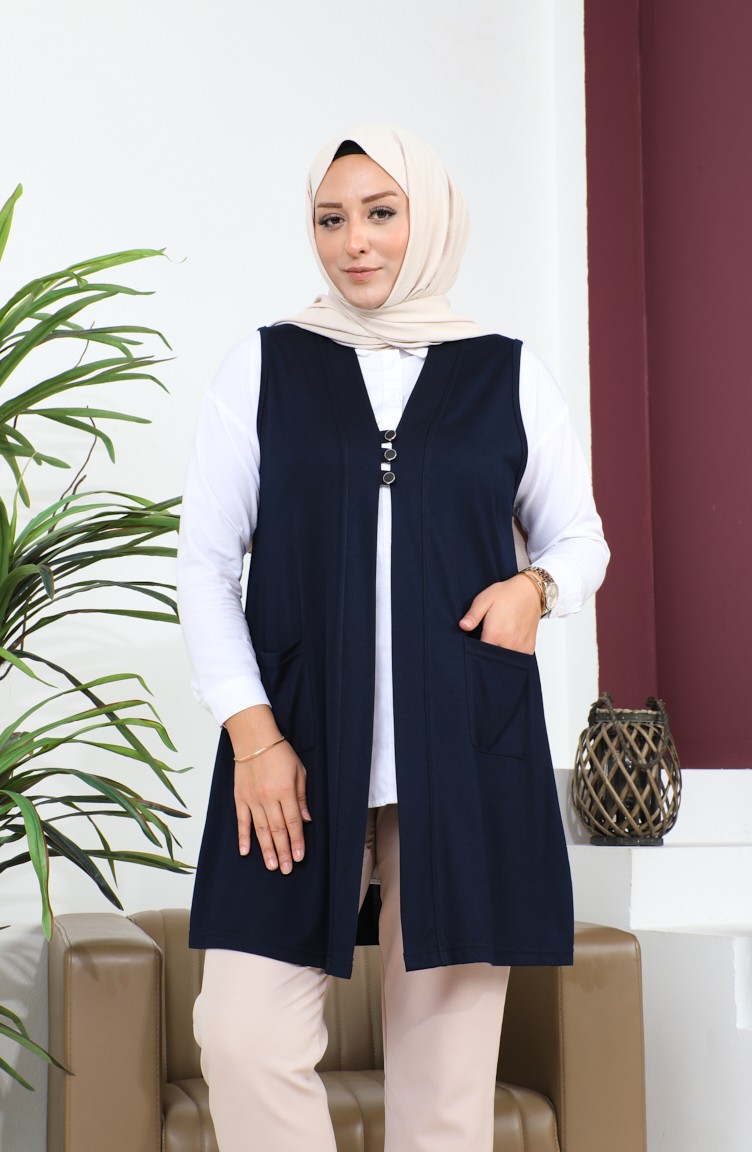 Gilet Hijab Grande Taille Pour Femme Gilet Flexible Boutonne Et Avec Poches 8773 Bleu Marine 8773.Lacivert Sefamerve
