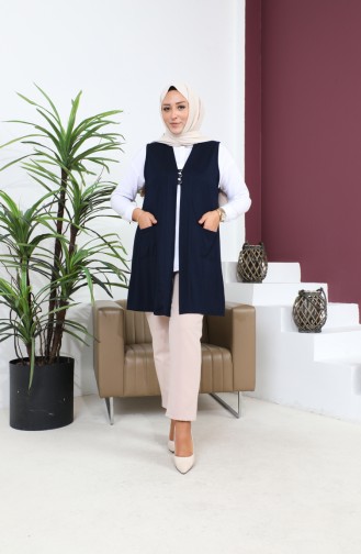 Gilet Hijab Grande Taille Pour Femme Gilet Flexible Boutonné Et Avec Poches 8773 Bleu Marine 8773.Lacivert