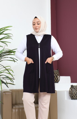 Women`s Large Size Hijab Vest Buttoned And Pocketed Flexible Vest 8773 Plum 8773.Mürdüm