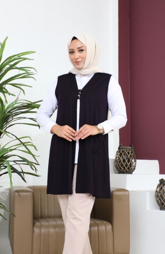 Women`s Large Size Hijab Vest Buttoned And Pocketed Flexible Vest 8773 Plum 8773.Mürdüm