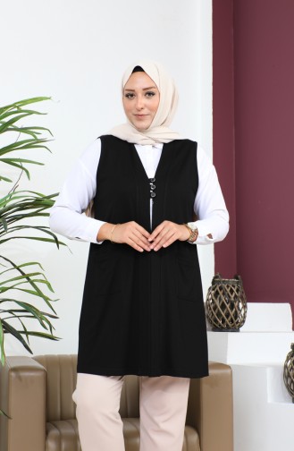 Gilet Hijab Grande Taille Pour Femme Gilet Flexible Boutonné Et Avec Poches 8773 Noir 8773.siyah