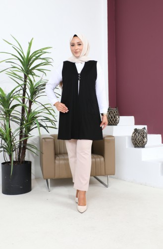 Gilet Hijab Grande Taille Pour Femme Gilet Flexible Boutonné Et Avec Poches 8773 Noir 8773.siyah