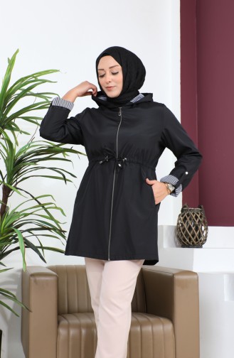 Women`s Short Hijab Trench Coat Large Size Zippered Trench 8837 Black 8837.siyah