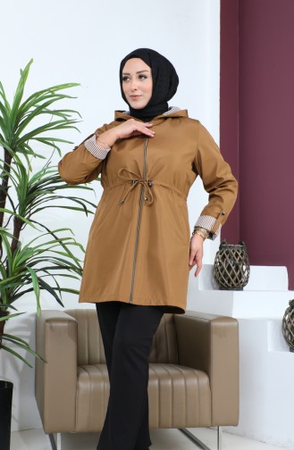 Women`s Short Hijab Trench Coat Large Size Zippered Trench 8837 Tan 8837.TABA