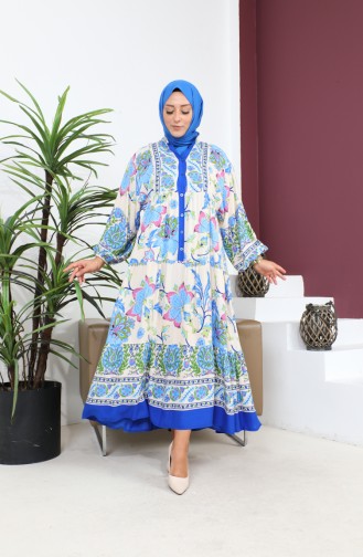 Women`s Large Size Oversize Comfortable Summer Dress Alaçatı Model 8849 Blue 8849.Mavi