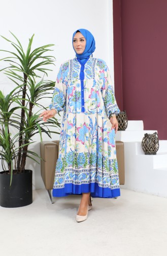 Women`s Large Size Oversize Comfortable Summer Dress Alaçatı Model 8849 Blue 8849.Mavi