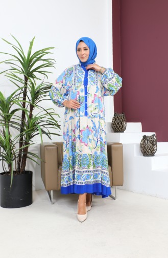 Women`s Large Size Oversize Comfortable Summer Dress Alaçatı Model 8849 Blue 8849.Mavi