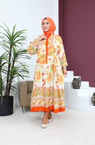 Women`s Large Size Oversize Comfortable Summer Dress Alaçatı Model 8849 Orange 8849.TURUNCU