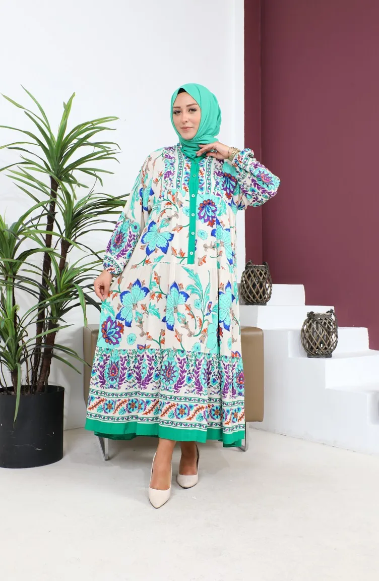 Robe D`été Surdimensionnée Et Confortable Pour Femmes Grande Taille Modèle 8849 Vert 8849.Yeşil