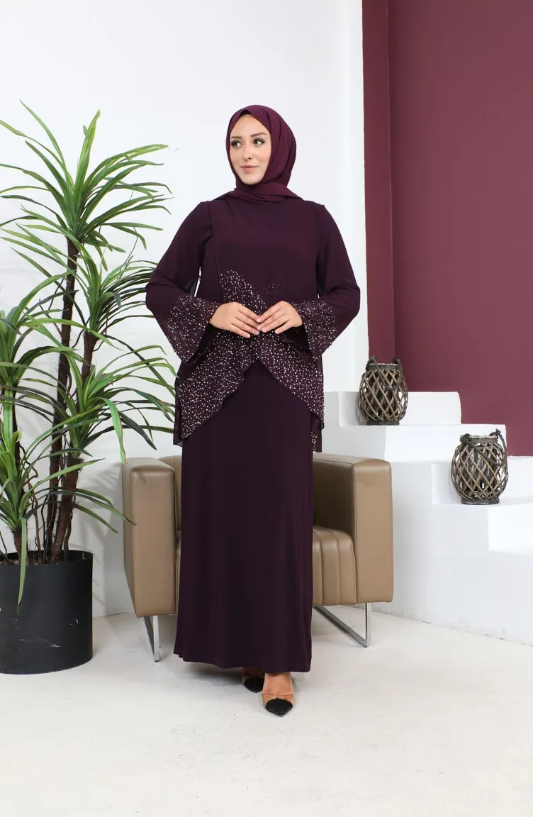 Damen-Abendkleid In Übergröße Dünnes Hijab-Abendkleid Mit Steindruck Set 8850 Pflaume 8850.MÜRDÜM