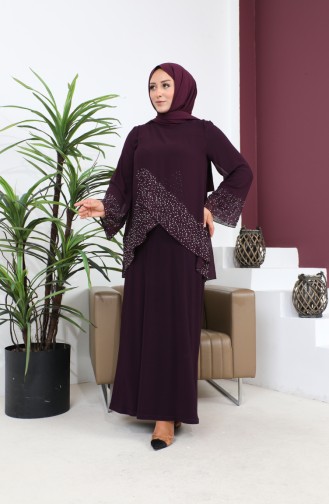 Plus-size Avondjurk Voor Dames Dunne Steen Hijab-avondjurk Met Print Set 8850 Pruim 8850.Mürdüm
