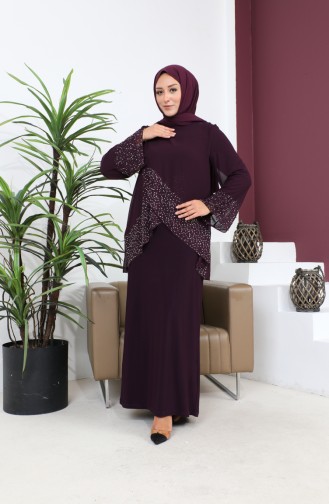 Women`s Plus Size Evening Dress Thin Stone Printed Hijab Evening Dress Set 8850 Plum 8850.Mürdüm