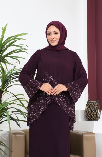 Damen-Abendkleid In Übergröße Dünnes Hijab-Abendkleid Mit Steindruck Set 8850 Pflaume 8850.MÜRDÜM