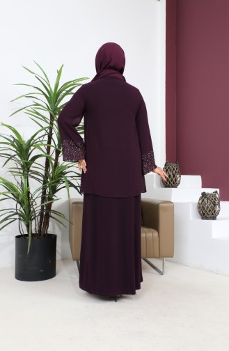 Women`s Plus Size Evening Dress Thin Stone Printed Hijab Evening Dress Set 8850 Plum 8850.Mürdüm