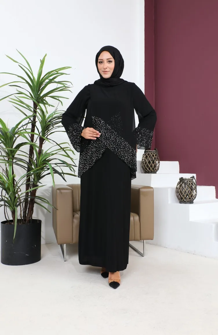 Damen-Abendkleid In Großen Größen Dünner Steindruck Hijab-Abendkleid Anzug 8850 Schwarz 8850.SİYAH