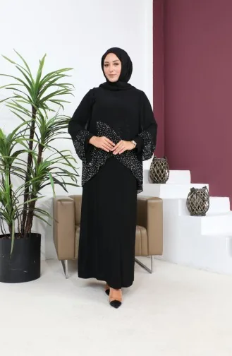 Damen-Abendkleid In Großen Größen Dünner Steindruck Hijab-Abendkleid Anzug 8850 Schwarz 8850.SİYAH