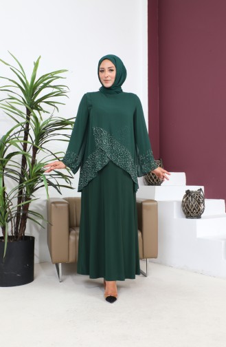 Women`s Plus Size Evening Dress Thin Stone Printed Hijab Evening Dress Set 8850 Emerald Green 8850.ZÜMRÜT YEŞİLİ