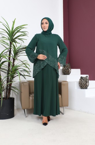 Women`s Plus Size Evening Dress Thin Stone Printed Hijab Evening Dress Set 8850 Emerald Green 8850.ZÜMRÜT YEŞİLİ