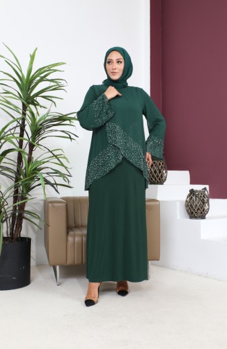 Kadin Buyuk Beden Abiye Elbise İnce Tas Baskılı Tesettur Abiye Takım 8850 Zümrüt Yeşili