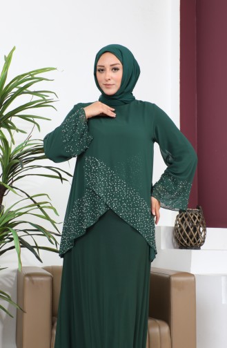 Damen-Abendkleid In Übergröße Hijab-Abendkleid-Set Mit Dünnem Steindruck 8850 Smaragdgrün 8850.ZÜMRÜT YEŞİLİ