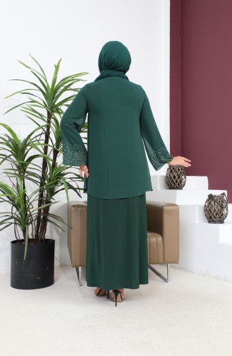 Kadin Buyuk Beden Abiye Elbise İnce Tas Baskılı Tesettur Abiye Takım 8850 Zümrüt Yeşili