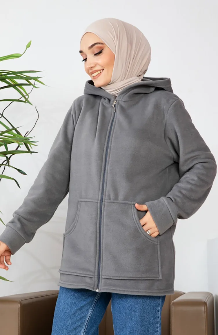 Kapüşonlu Polar Hırka 00021-02 Gri