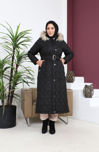 Furry Belted Quilted Coat 504223A-04 Black 504223A-04