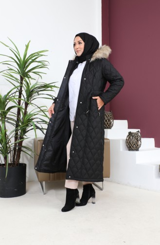 Manteau Matelassé à Ceinture Et Fourrure 504223A-04 Noir 504223A-04