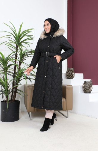 Manteau Matelassé à Ceinture Et Fourrure 504223A-04 Noir 504223A-04