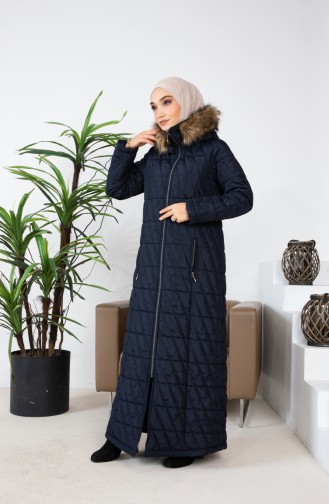 Furry Long Quilted Coat 505324-03 Navy Blue 505324-03