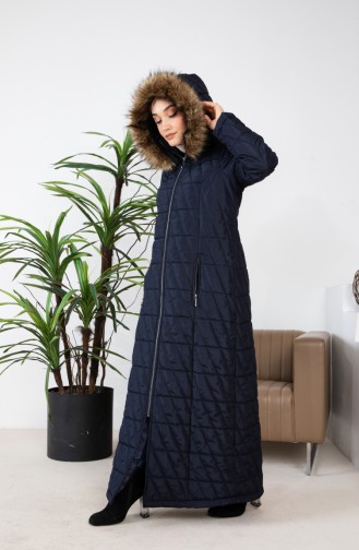 Furry Long Quilted Coat 505324-03 Navy Blue 505324-03